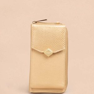 Porta celular en cuero color dorado con bolsillo frontal 105322