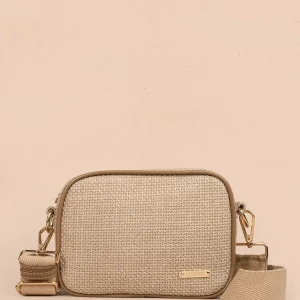 Bolso manos libres color taupe con textura y bordes marrones 106961