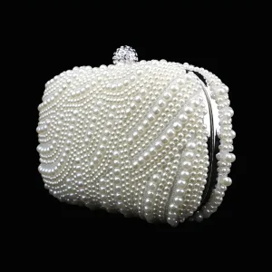 Clutch Elegante Bolso de Mano Incrustado con Perlas Marfil