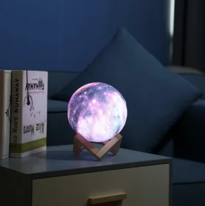 Lampara Luna Espacio 3D con base de madera Luz Led USB