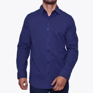 Camisa Tipo Lino M.L Azul Cuello Sport